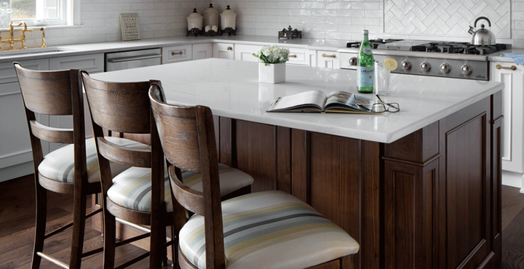 white kitchen with walnut and brass