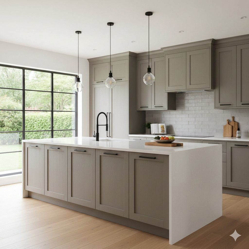 Grey kitchen cabinets white countertops