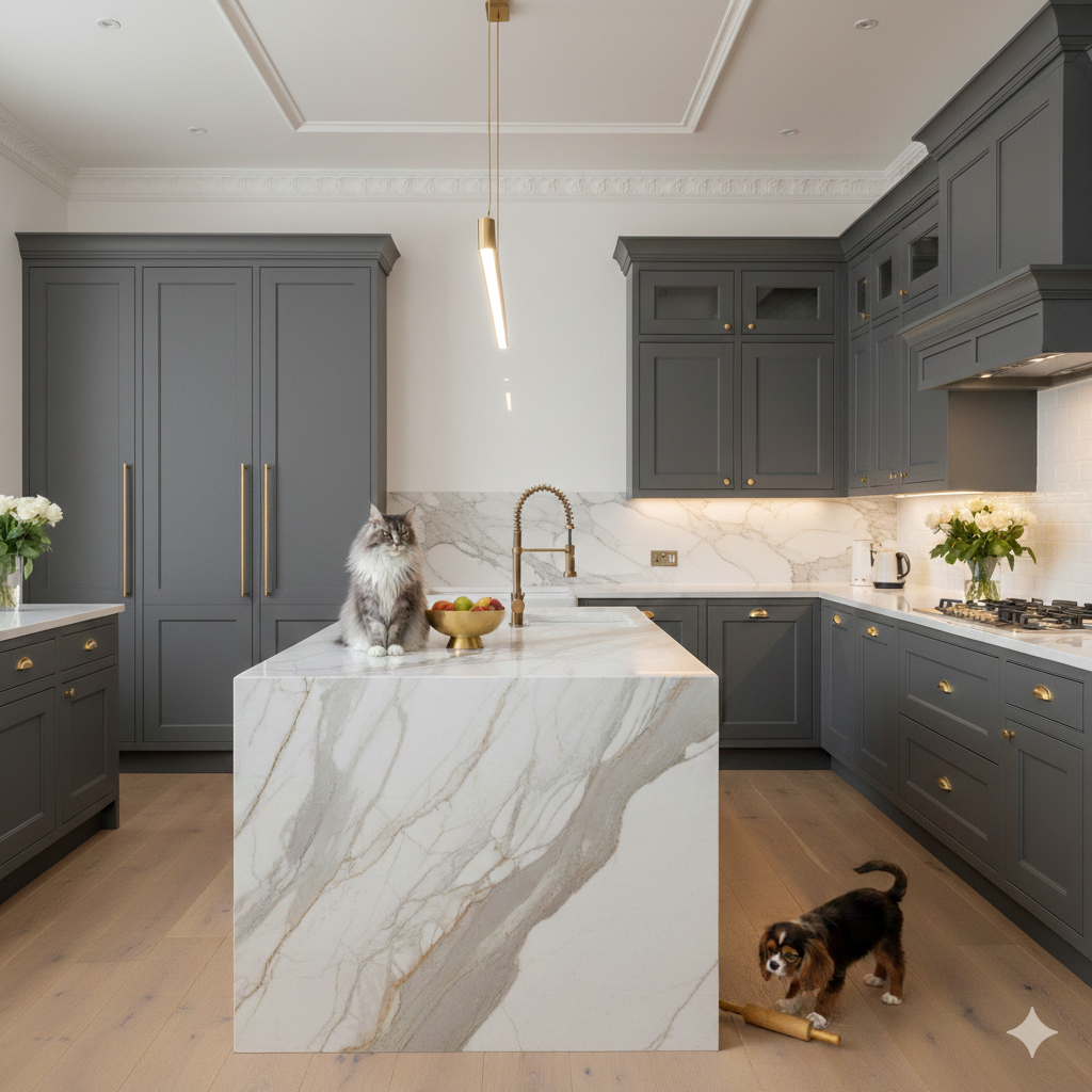 Grey kitchen cabinets white countertops