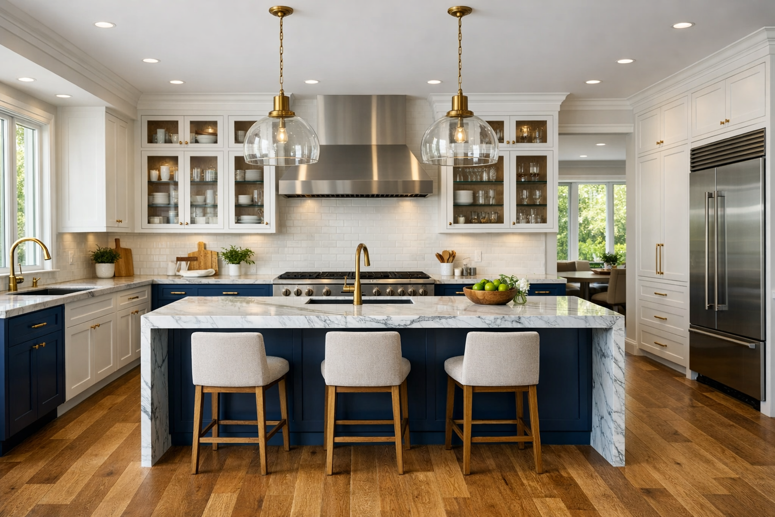 Kitchen with tile flooring and island seating