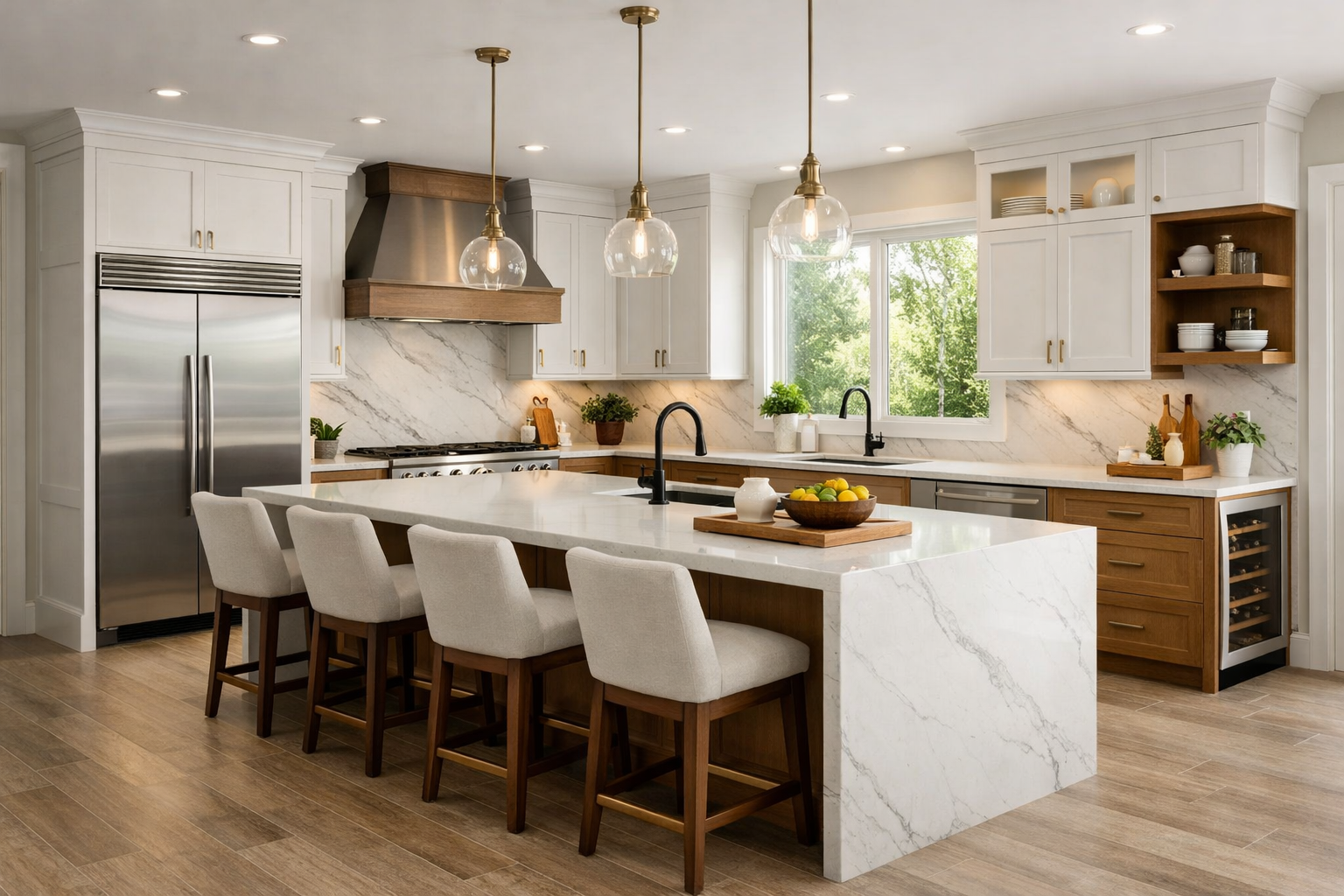 Warm transitional kitchen with quartz countertops