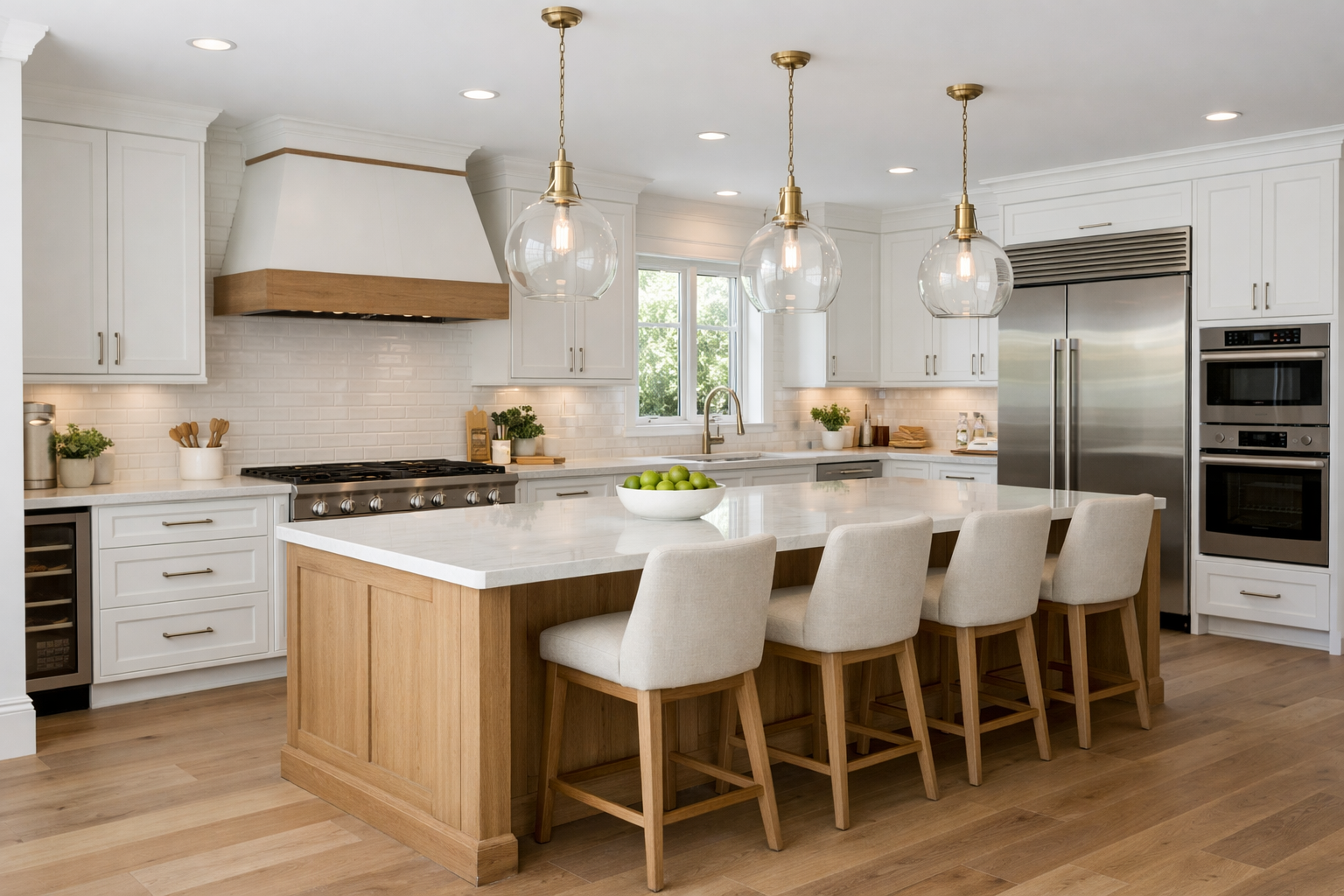 Kitchen with updated tile flooring and cabinets