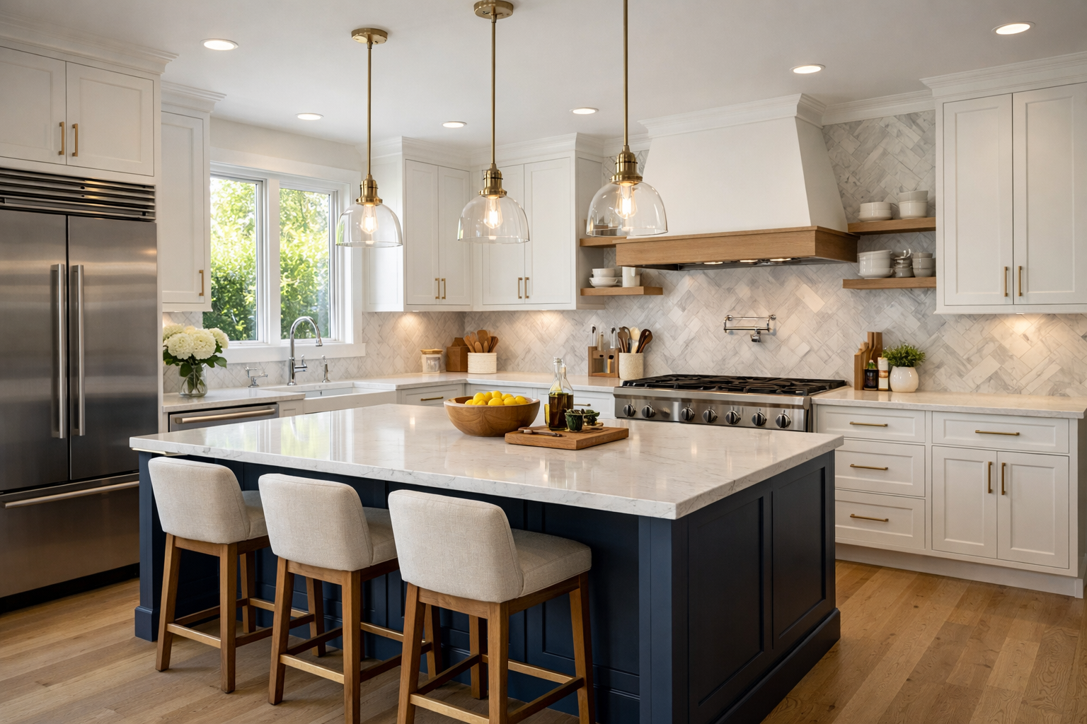 Modern kitchen with bright painted cabinets