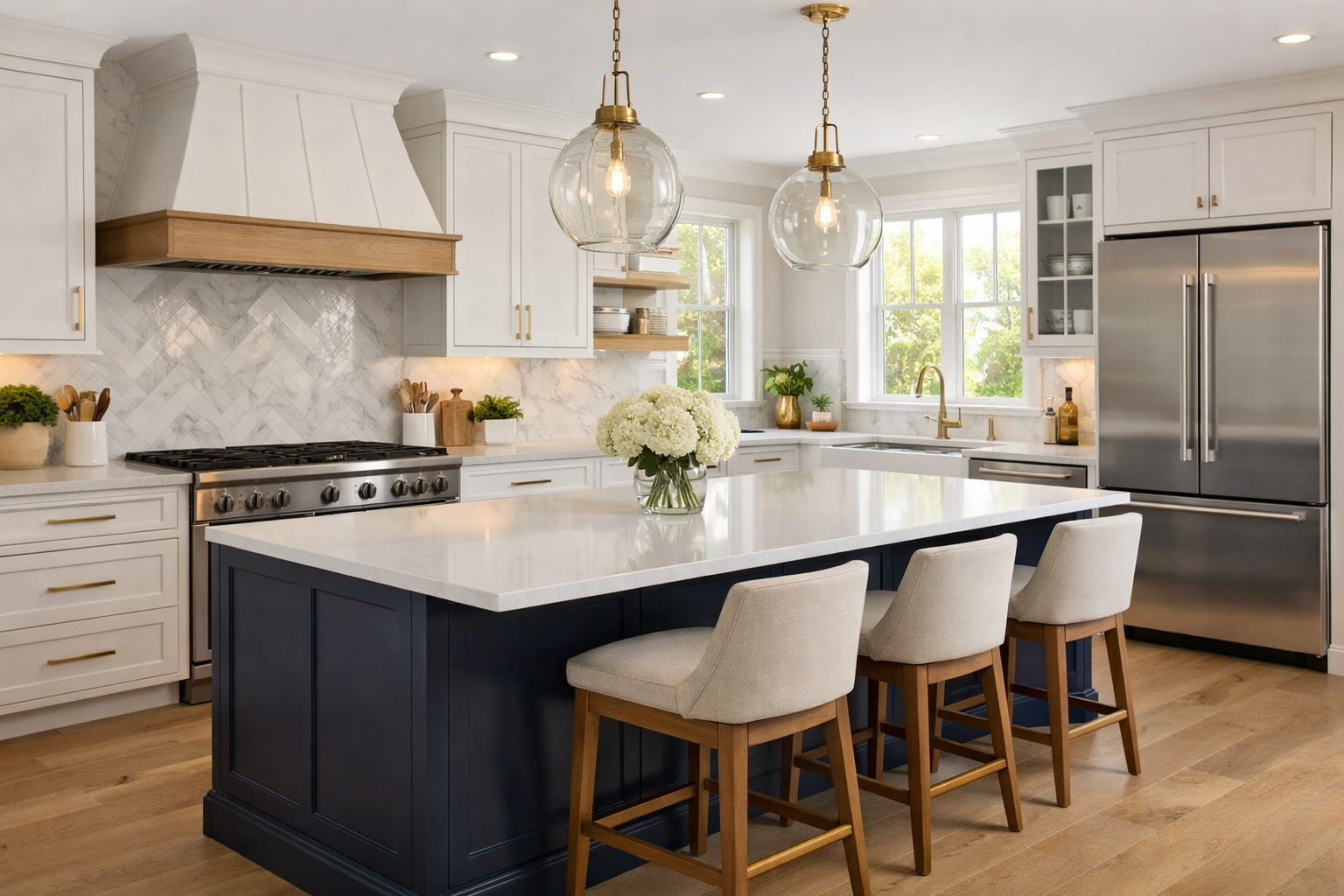 Kitchen with organized cabinets and island lighting