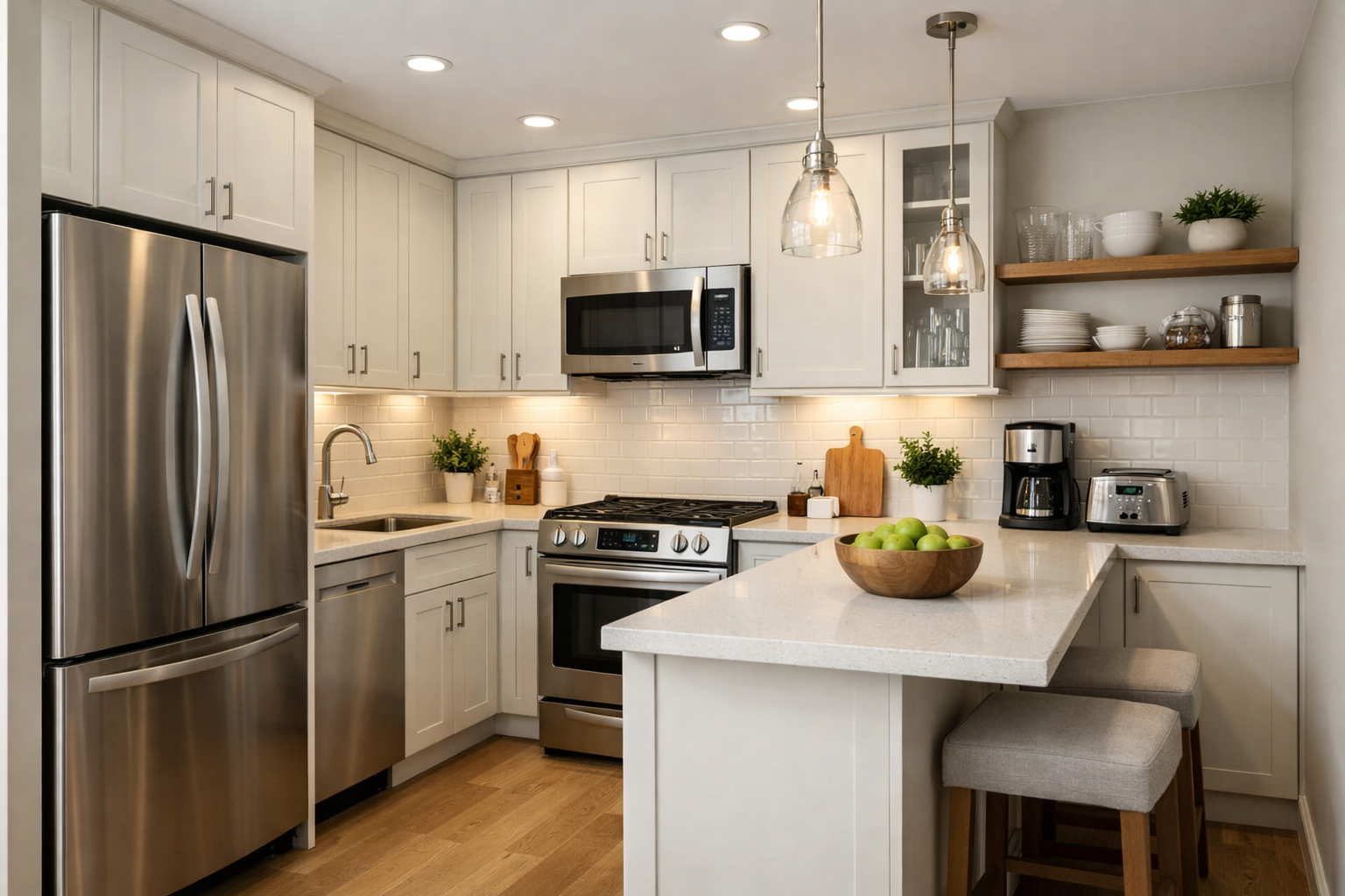 Small kitchen with shaker style cabinets