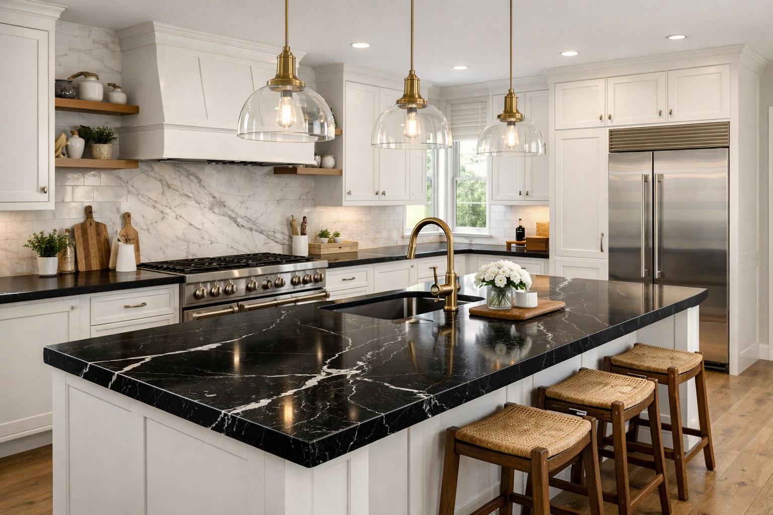 Bright kitchen with white cabinets and island