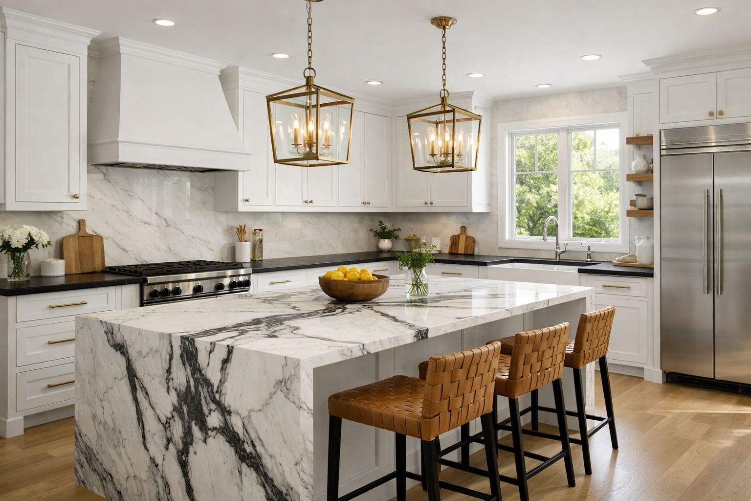 White kitchen with contrasting dark countertops