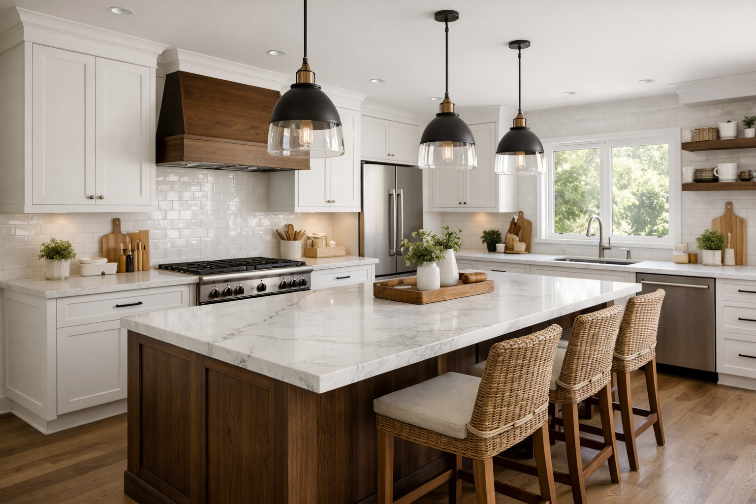 White cabinetry paired with marble look countertops
