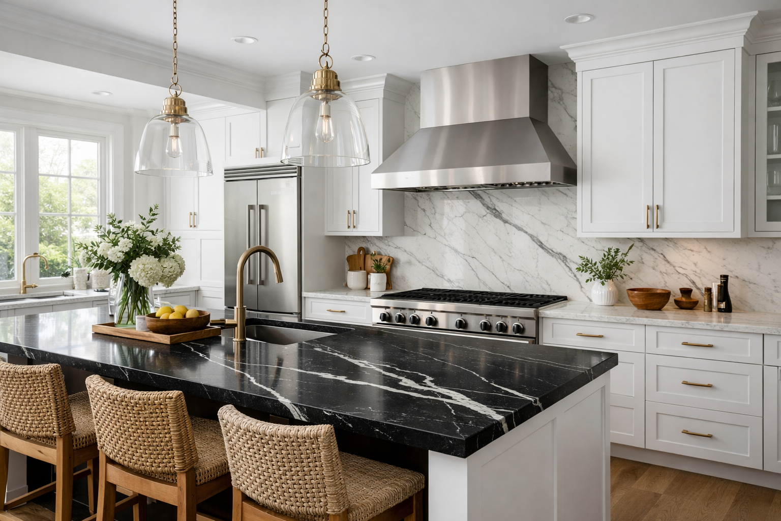 Modern white kitchen with quartz countertops