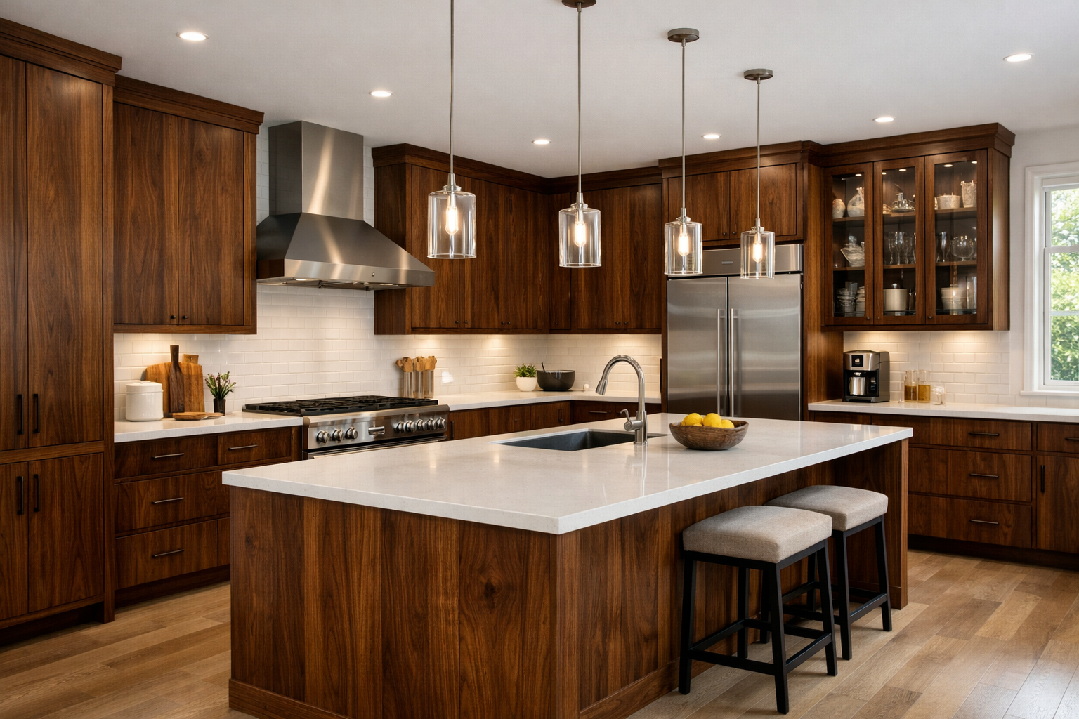 Transitional black walnut kitchen with island