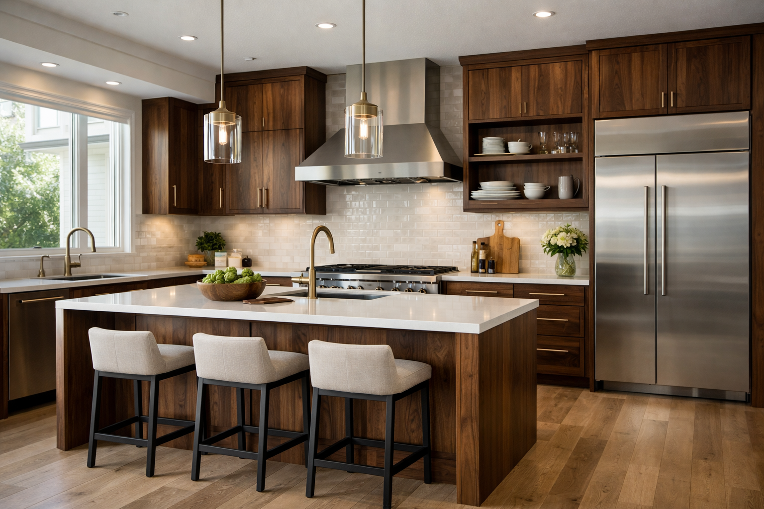 Black walnut cabinets with light countertops