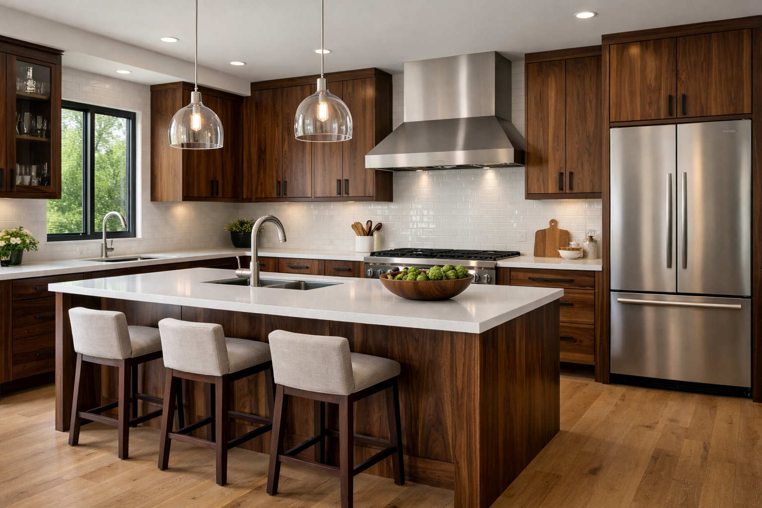 Well lit kitchen with walnut cabinetry