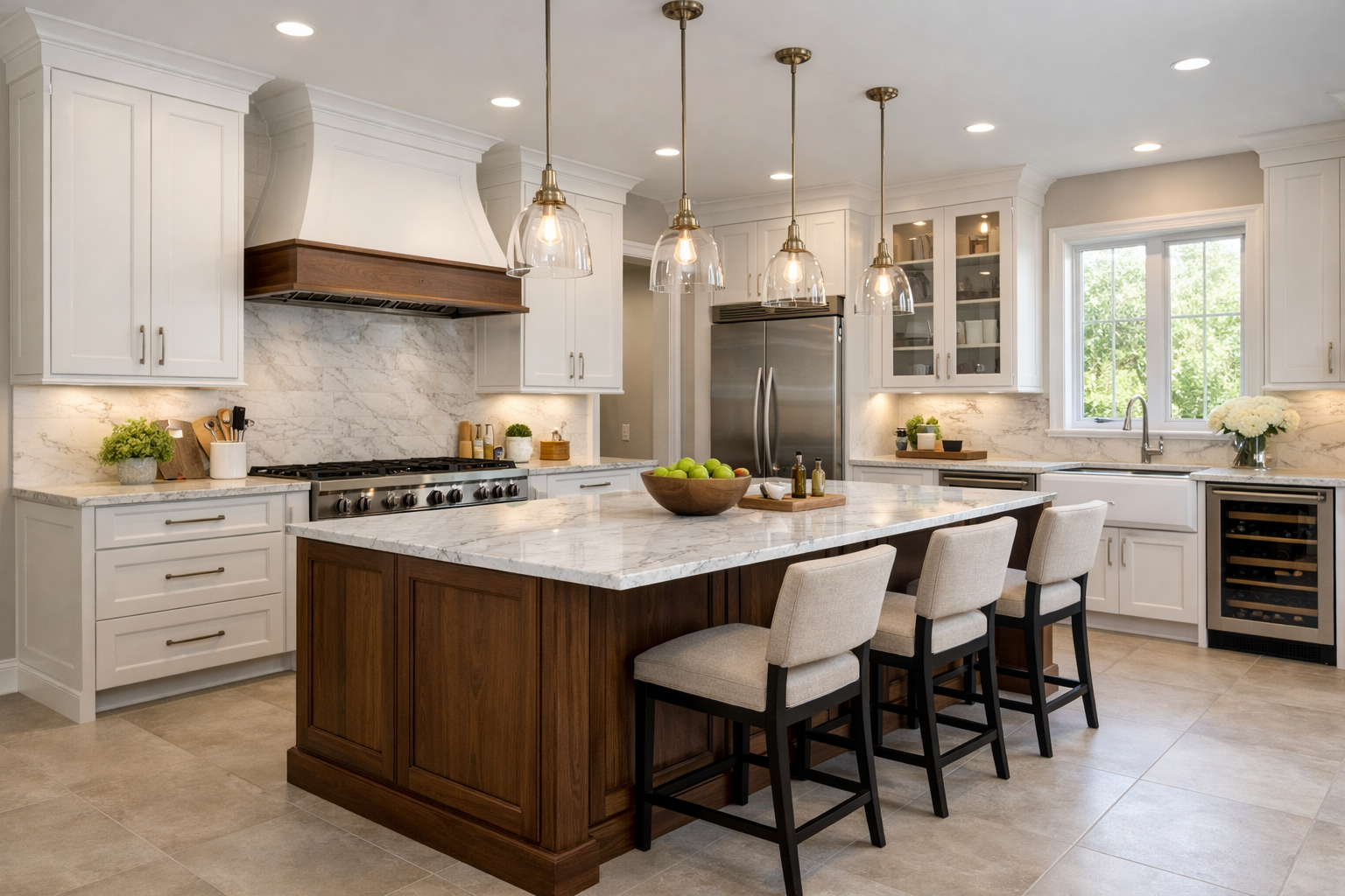 Two tone kitchen cabinets with wood island