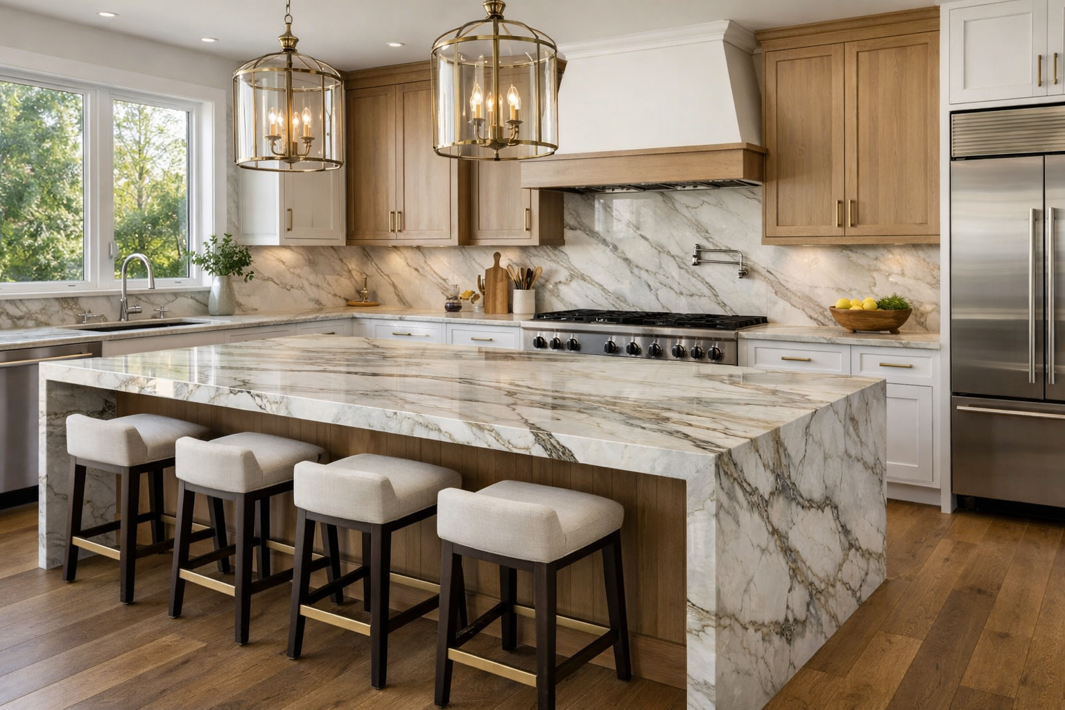 Large kitchen island with quartzite countertop