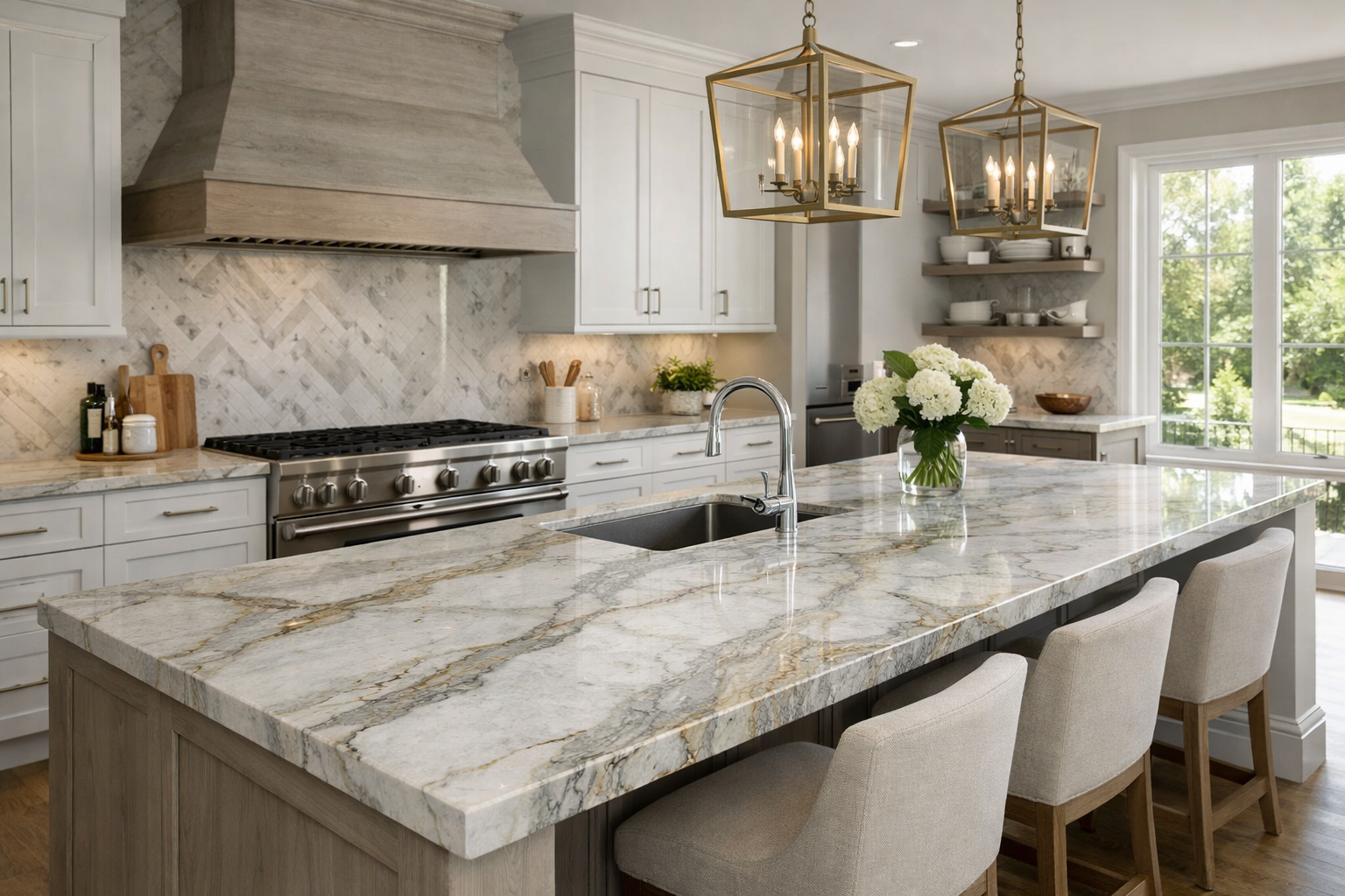 Modern kitchen featuring quartzite and wood cabinetry