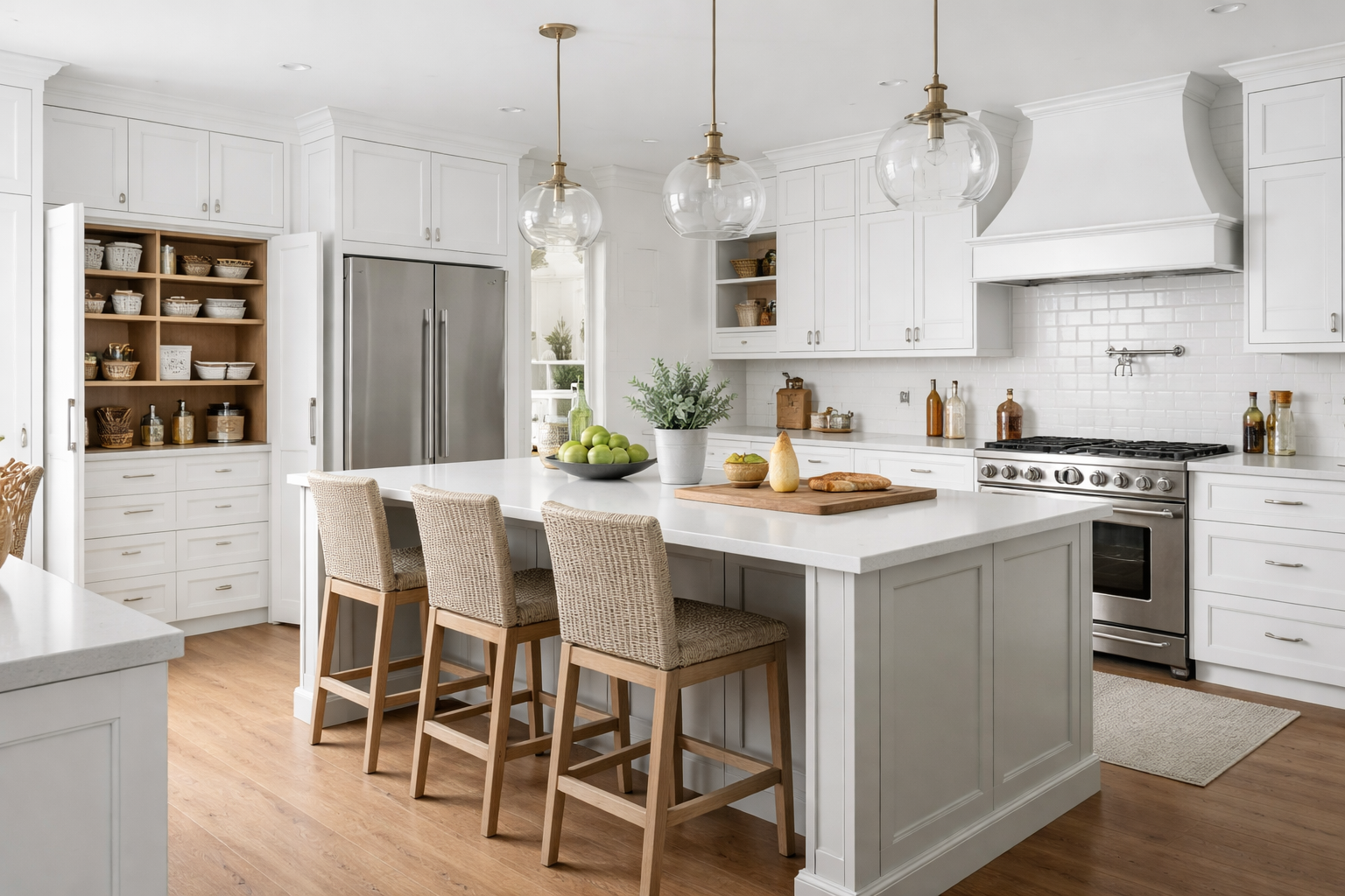 White shaker cabinets with quartz countertops