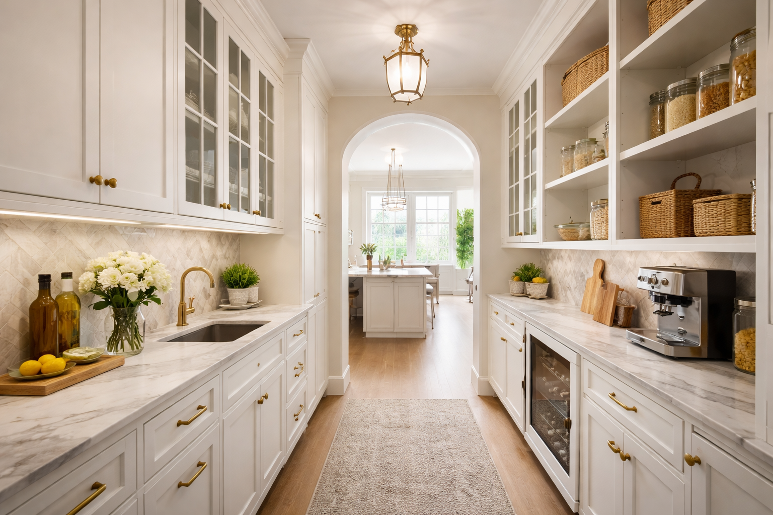 Brass hardware on white shaker kitchen cabinets