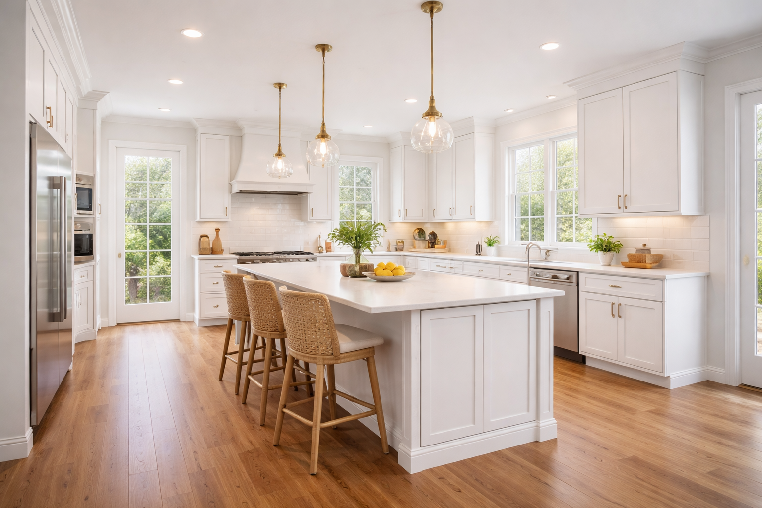 Bright kitchen with white cabinets and wood floor