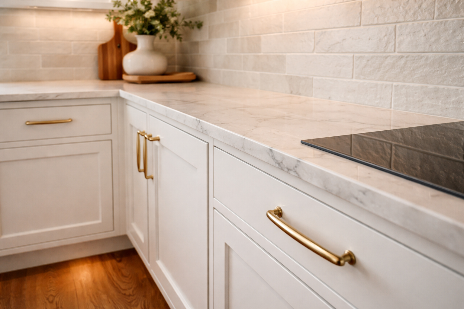White shaker cabinets paired with warm wood flooring