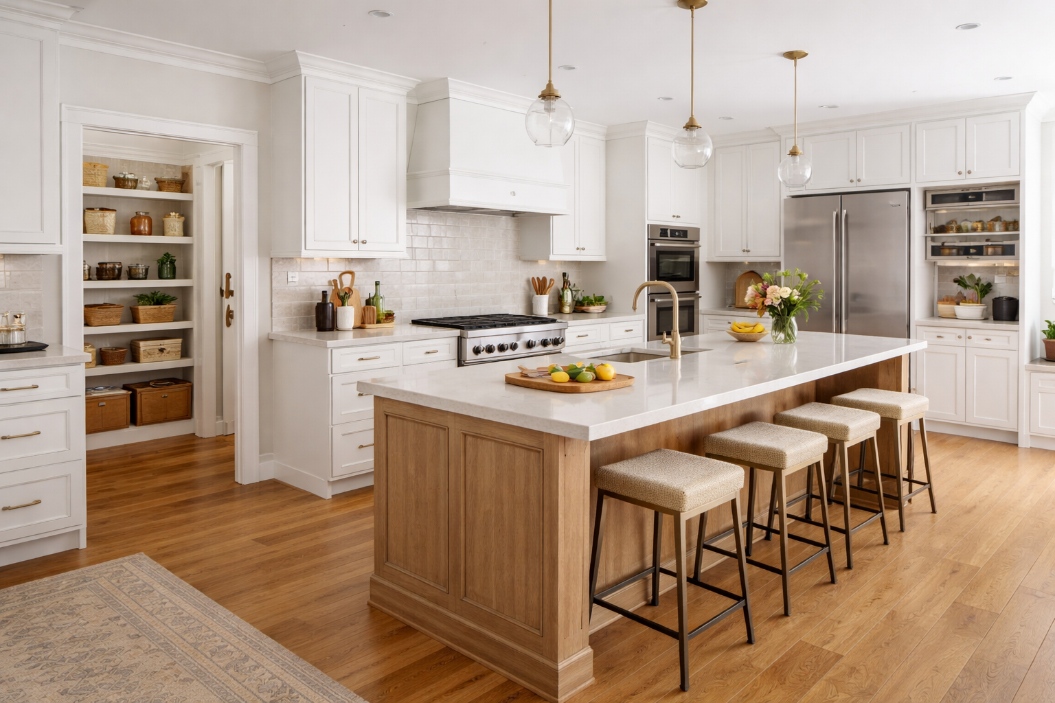 White cabinets with subway tile and oak floors