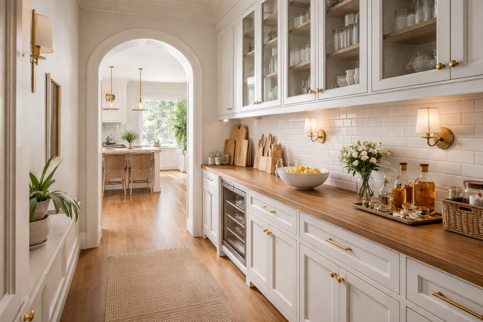 Open concept home with white kitchen and wood floors