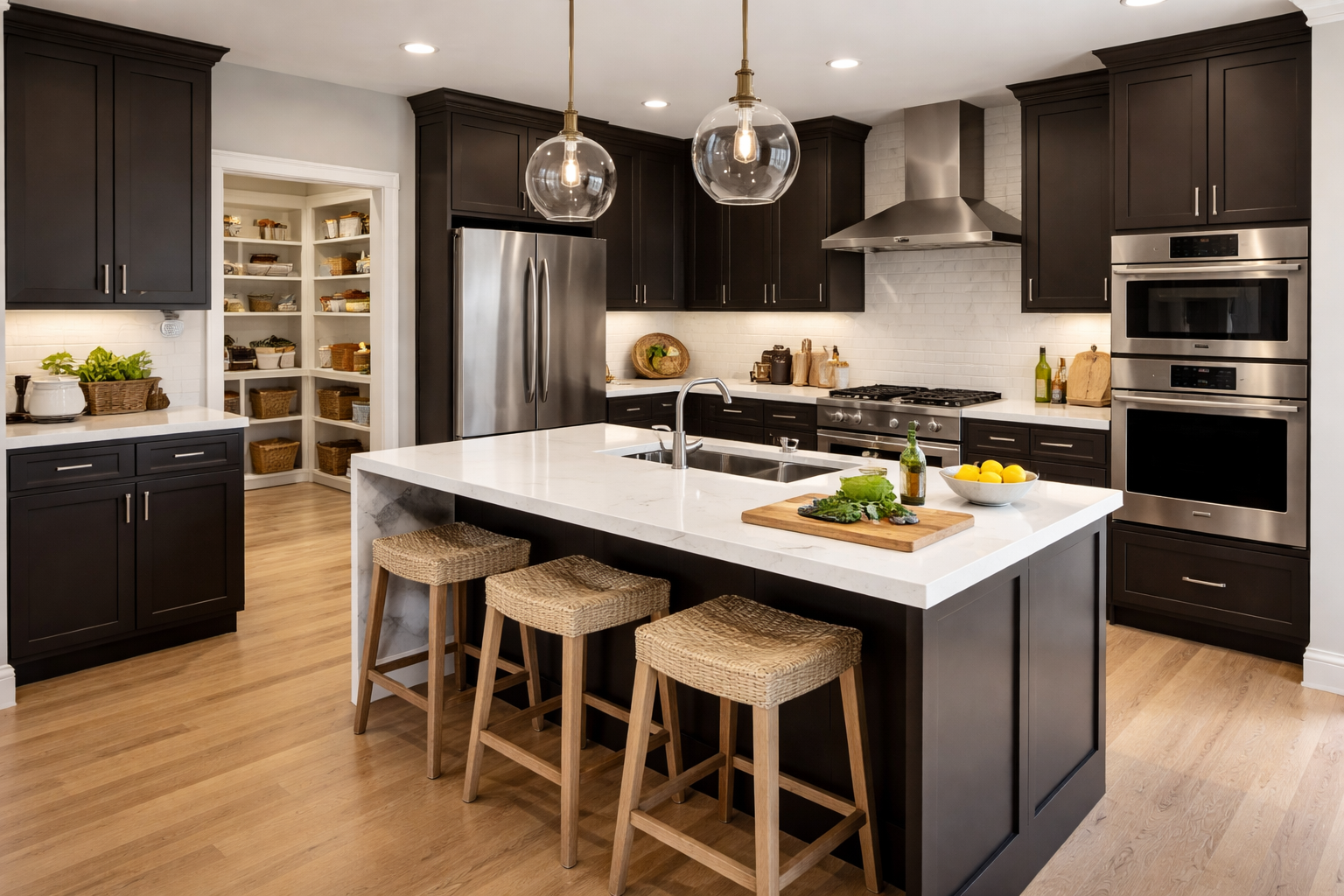 Dark cabinets with light wood flooring
