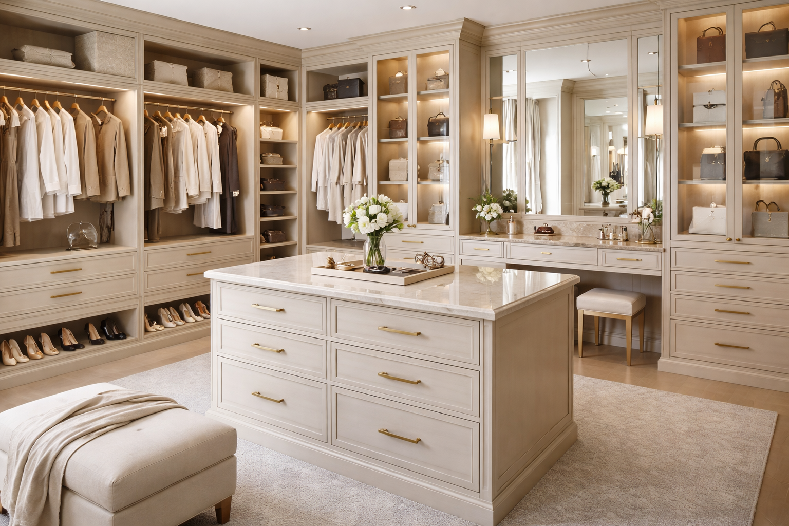 Closet with elegant lighting and cabinetry