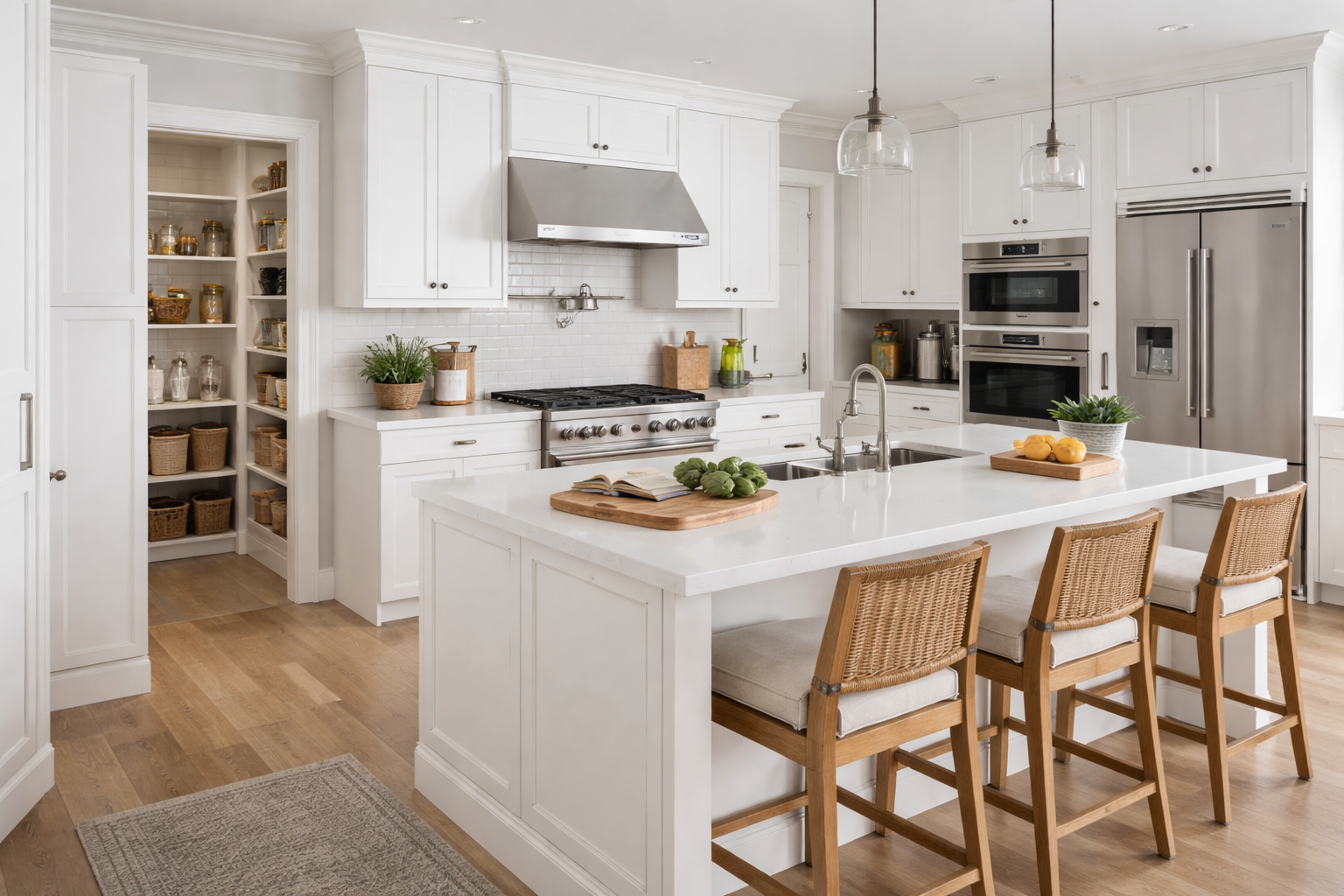 White shaker cabinets with contrasting kitchen flooring