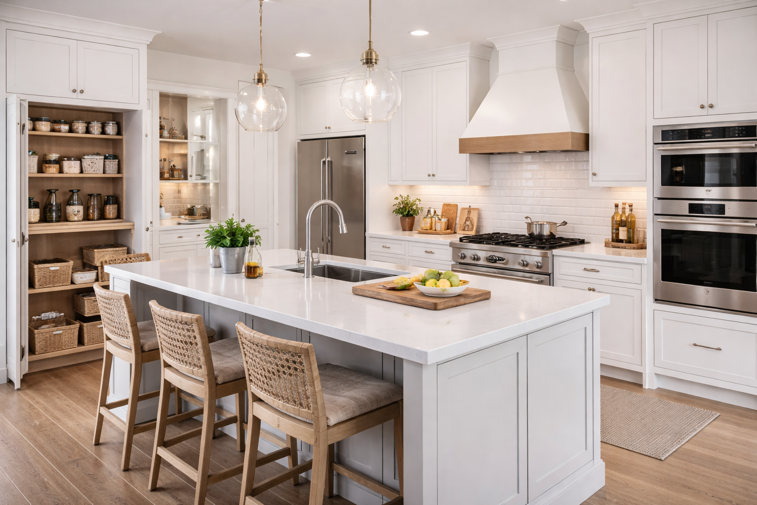 Navy shaker island with brass hardware