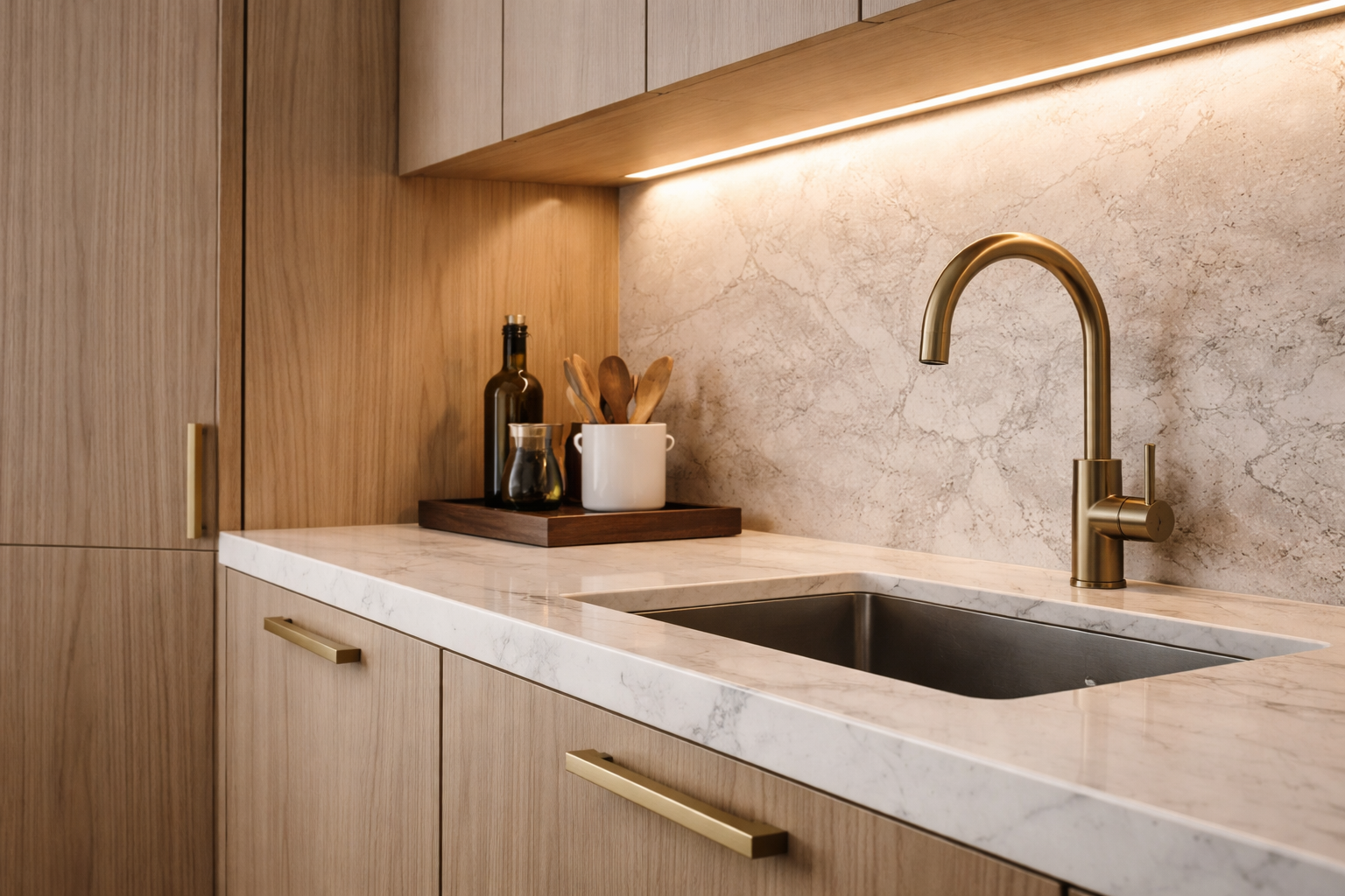 Modern wood and white kitchen cabinet combination