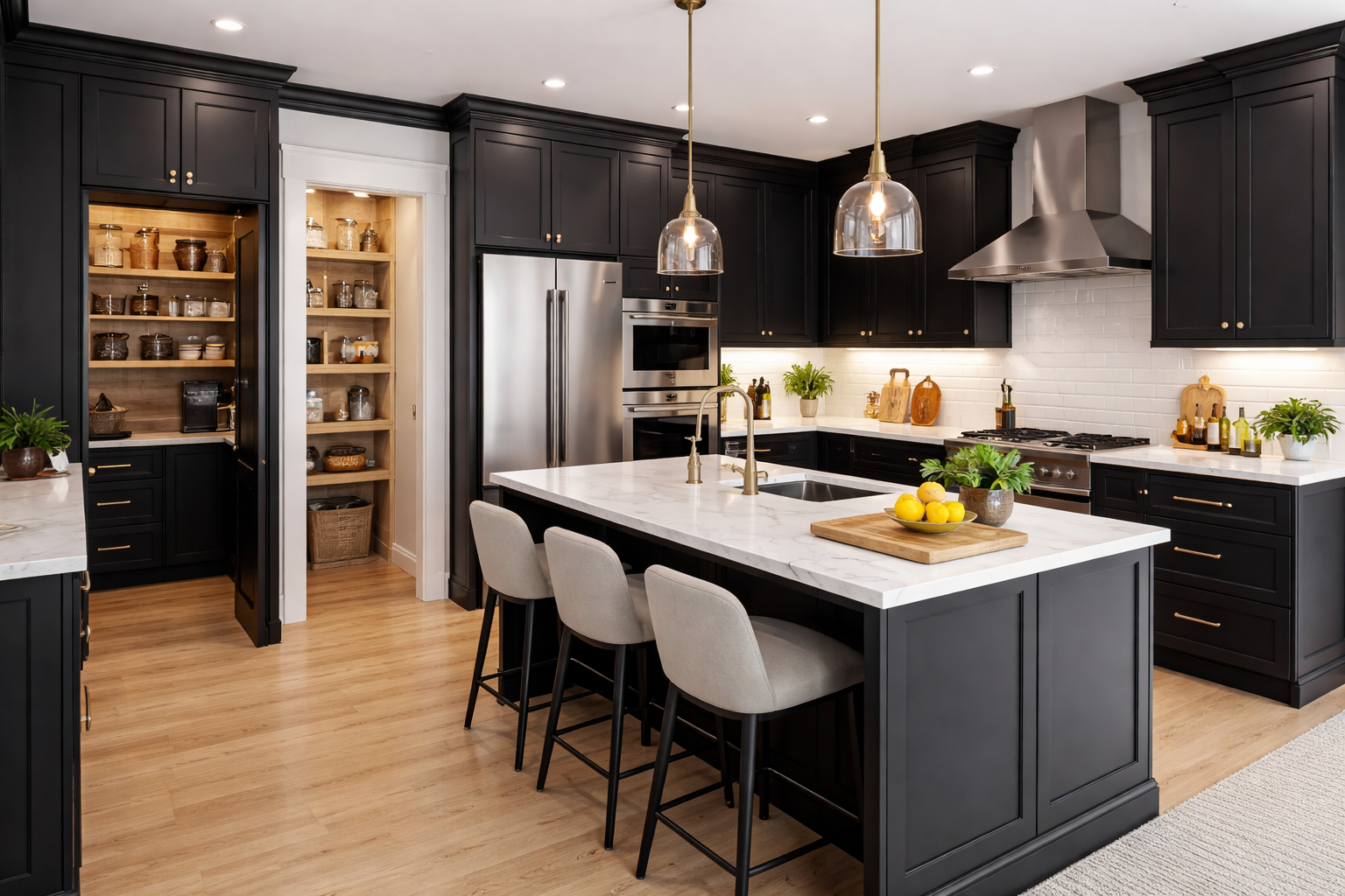 Black shaker cabinets with warm wood flooring