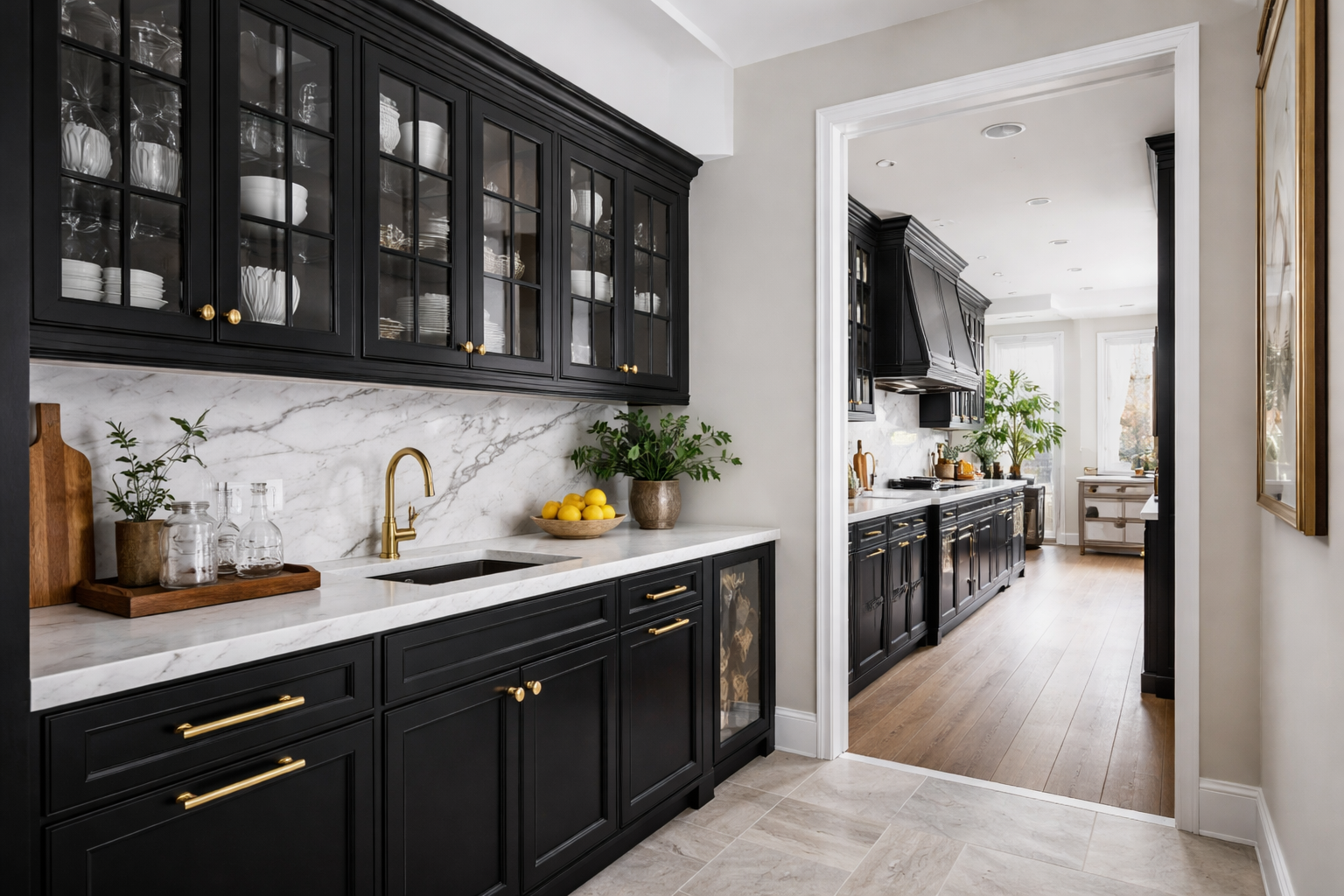 Black shaker cabinets paired with white backsplash