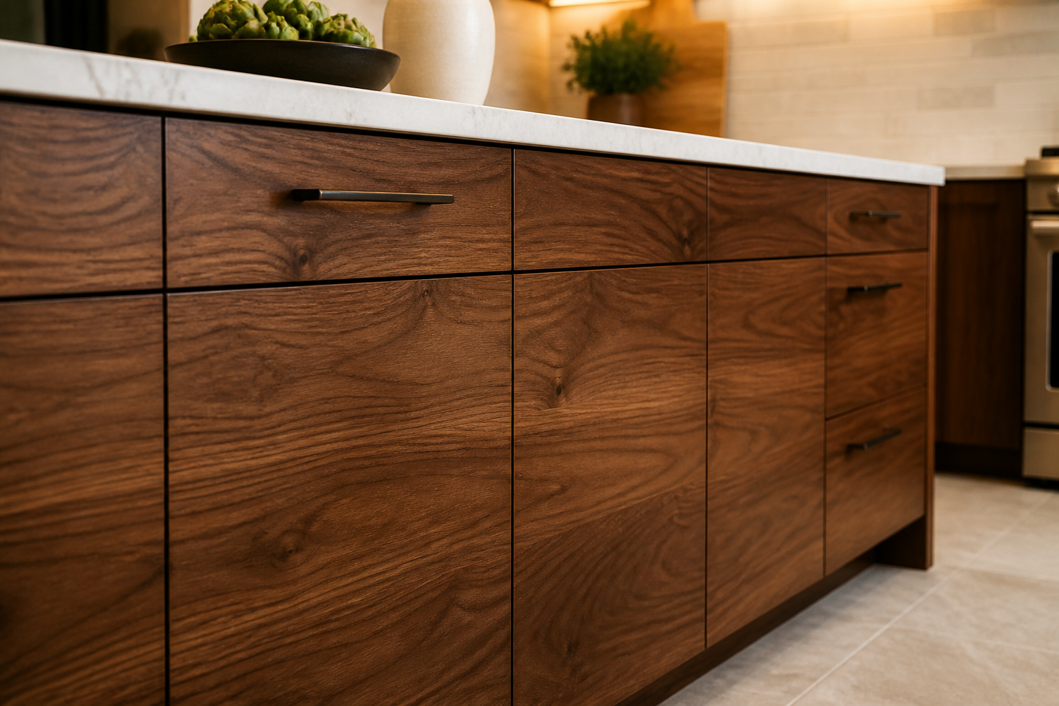 Scandinavian style kitchen with walnut cabinets