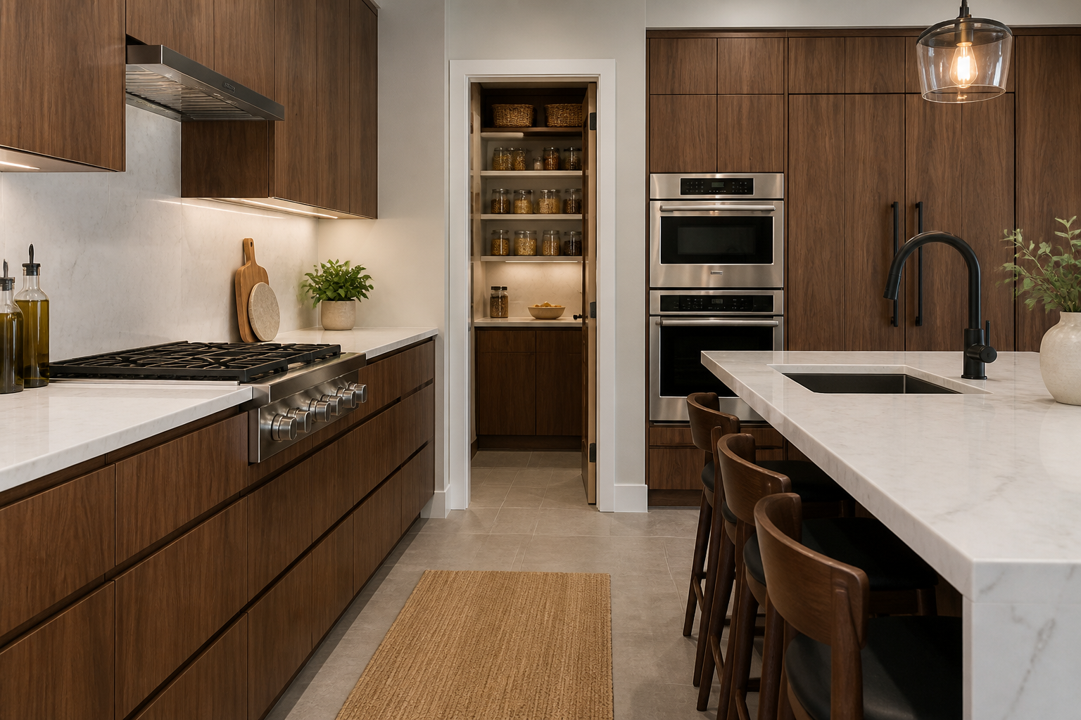 Walnut cabinets with light tile backsplash