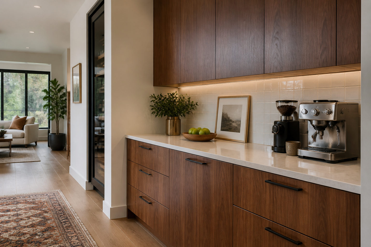 Warm modern kitchen with walnut slab cabinetry