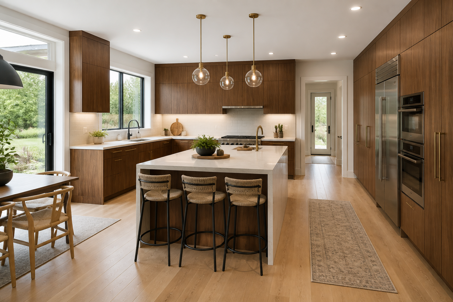 Modern kitchen with walnut slab cabinets