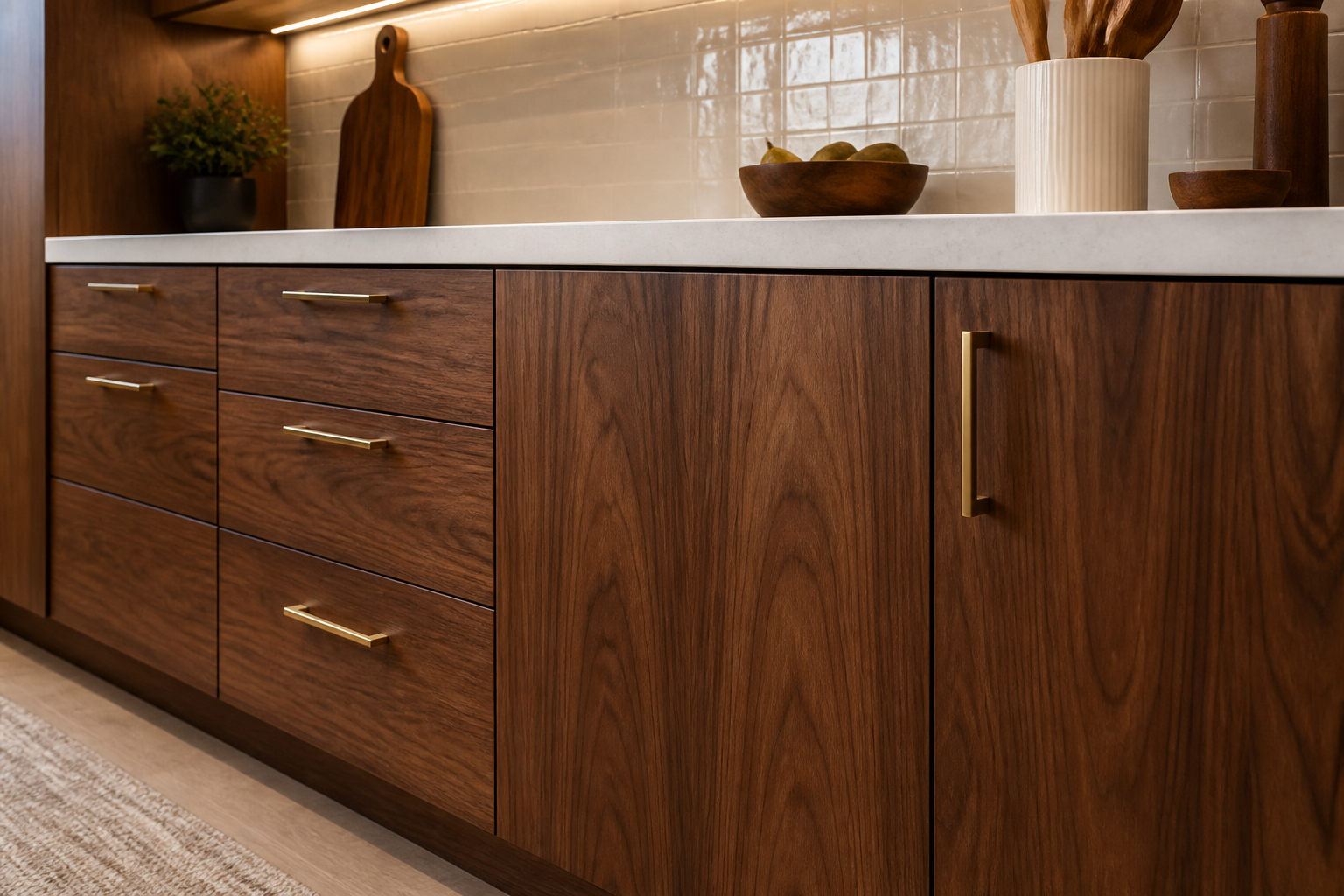Midcentury style kitchen with walnut cabinets