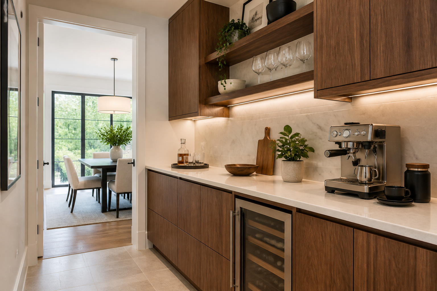 Walnut cabinets with contrasting light flooring