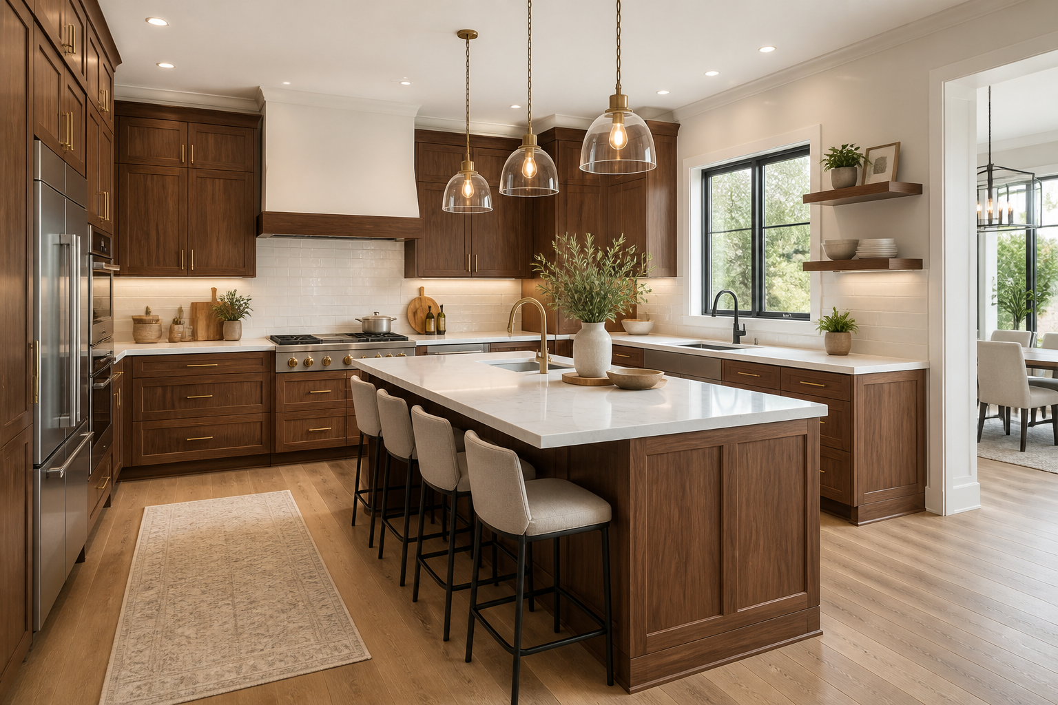 white countertops with walnut cabinets
