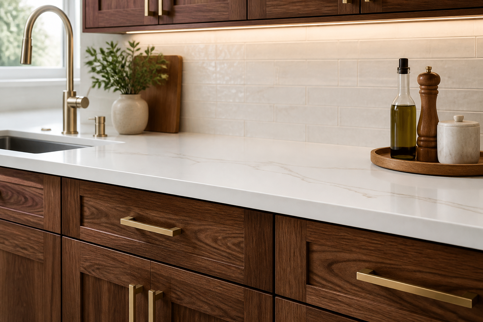 White stone counters paired with walnut cabinetry