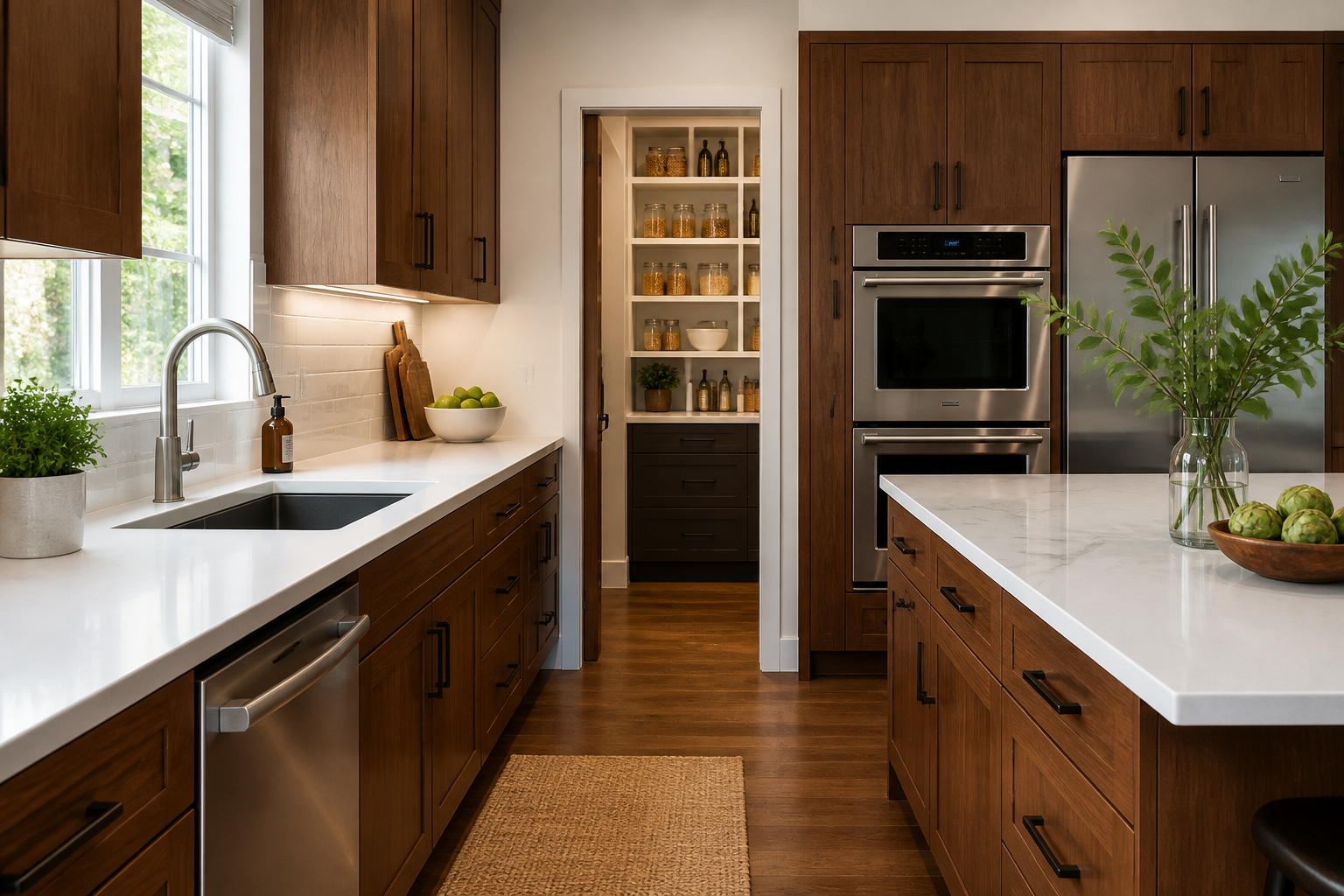 Two tone kitchen with walnut and white