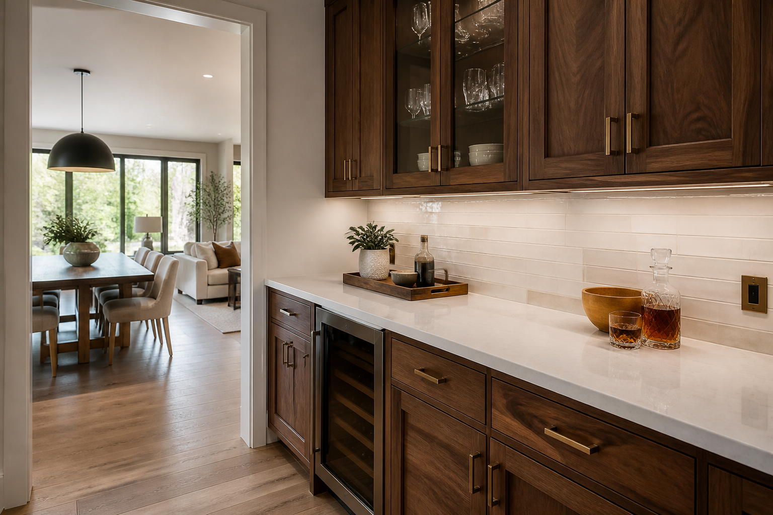 Spacious kitchen with walnut island and white tops