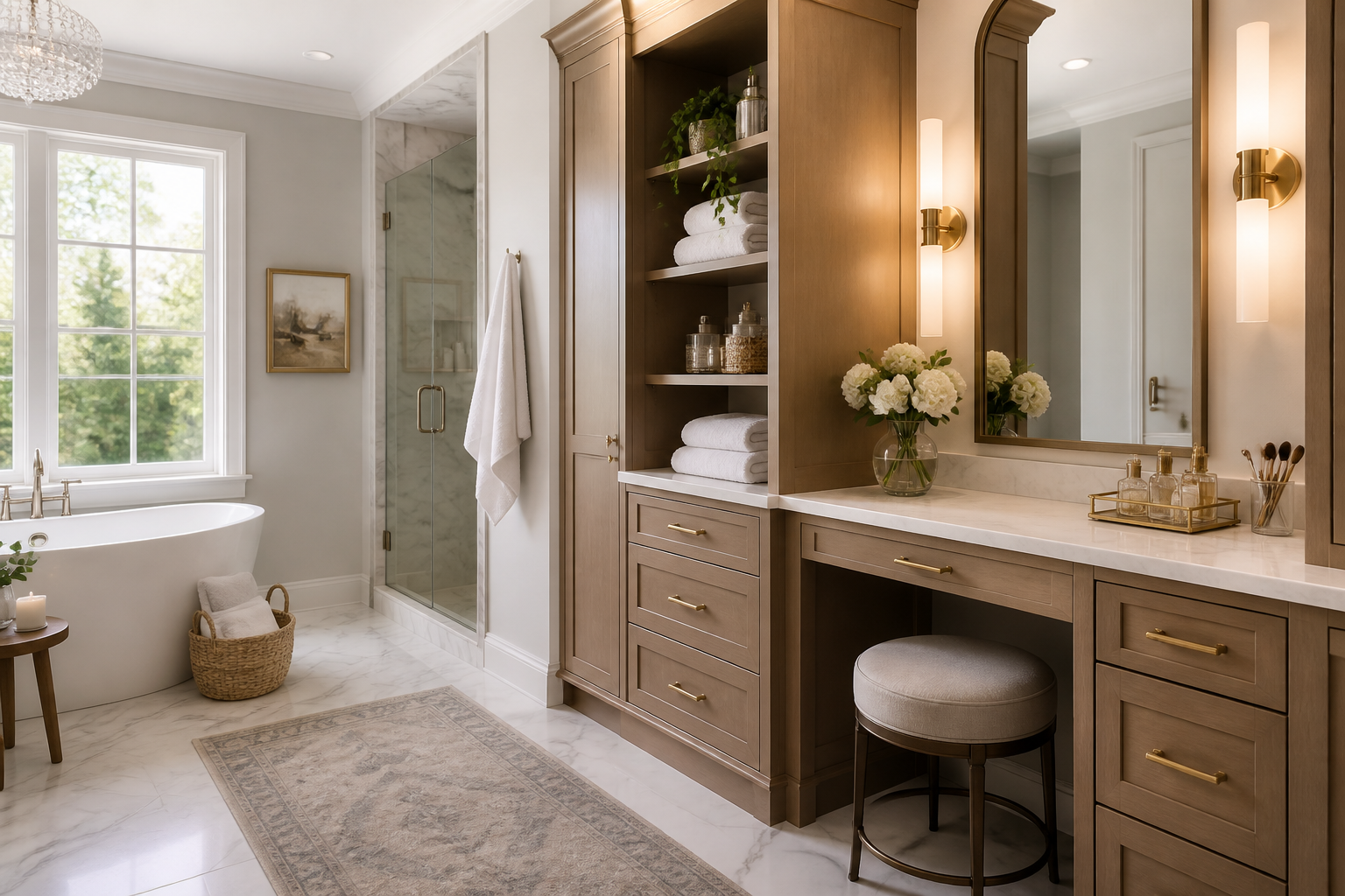 Bathroom vanity with coordinated hardware finishes