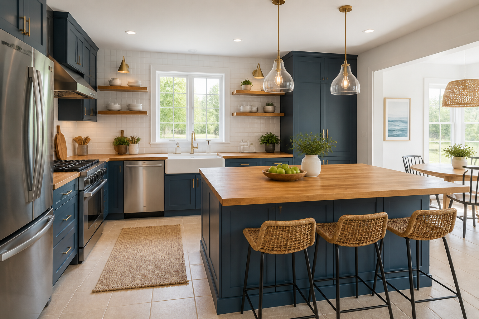 butcher block countertops with blue cabinets