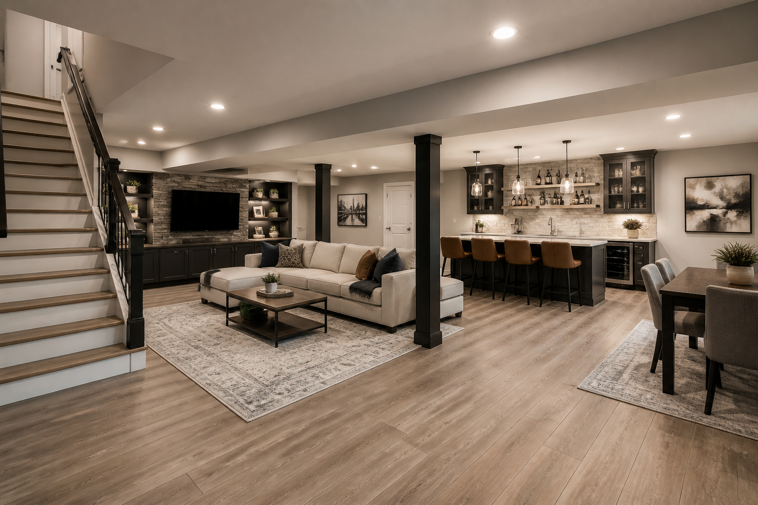 Modern finished basement with seating area