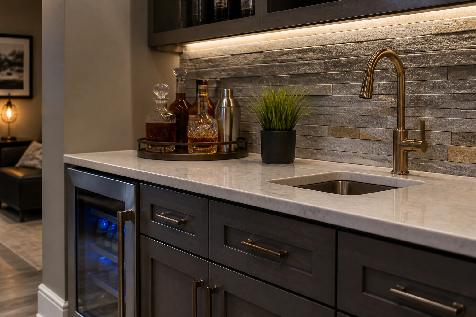 Basement bar and entertainment area design