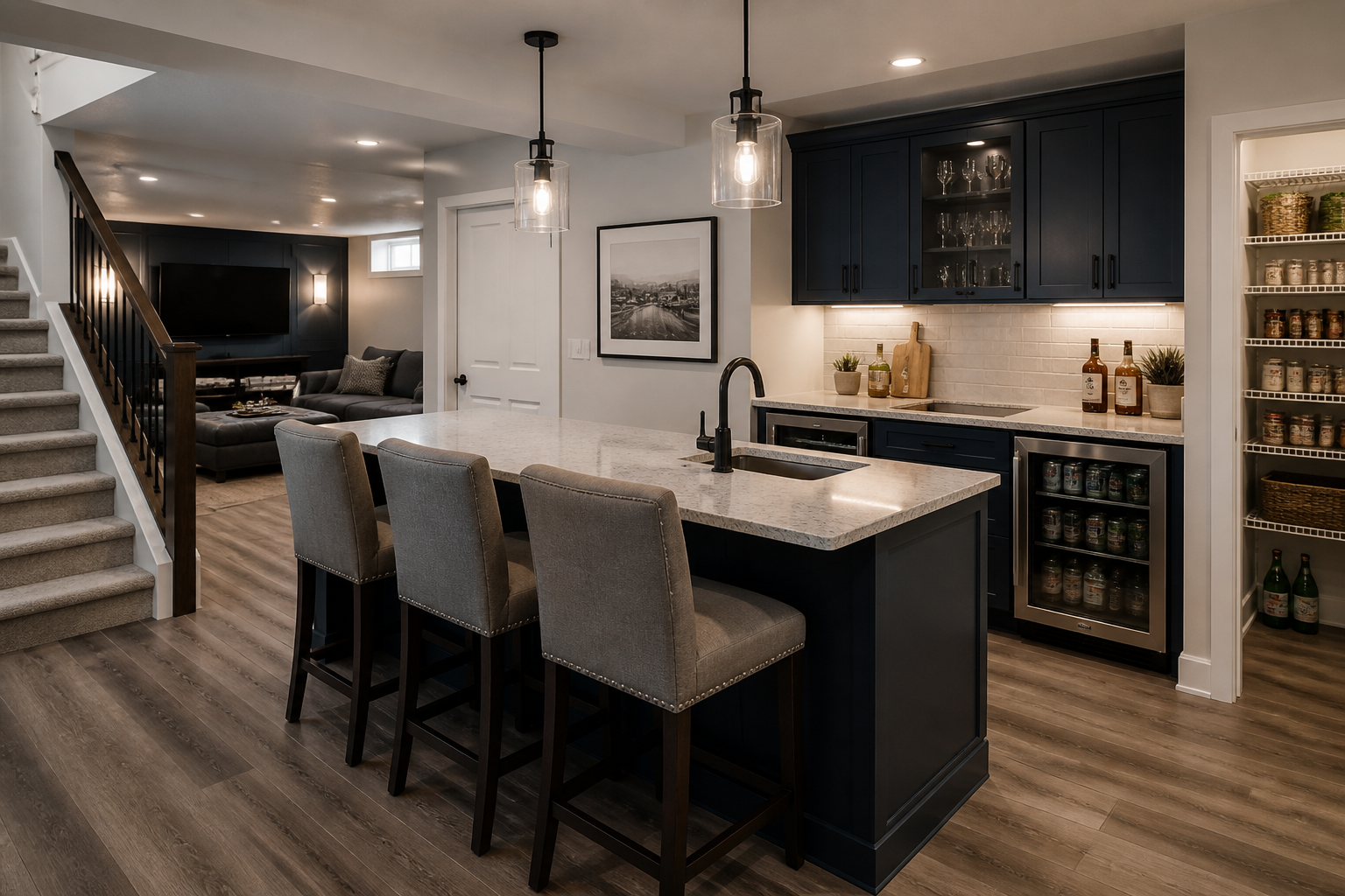 Luxury basement with home theater and bar