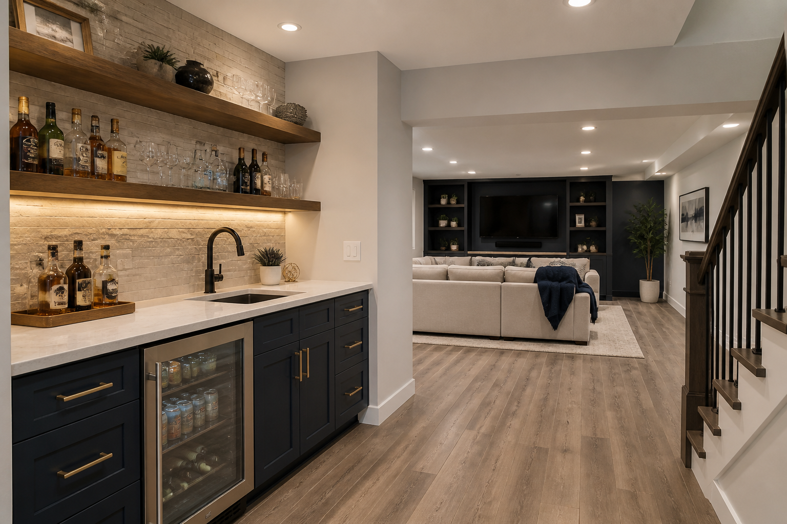 Bright finished basement family room space
