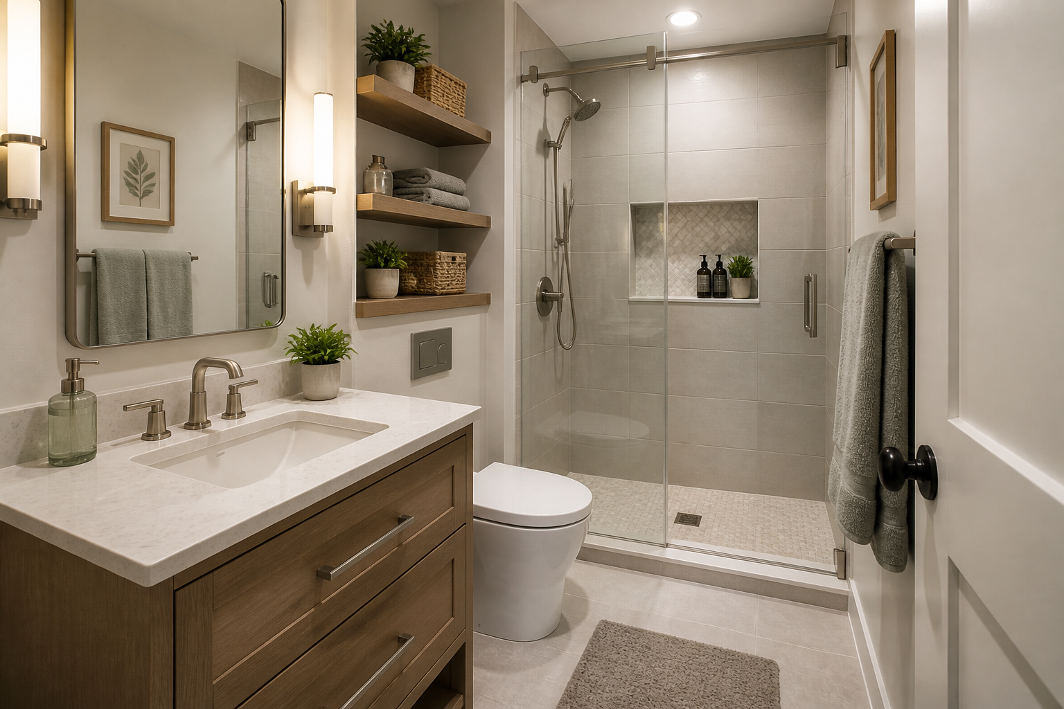 White tile shower in tiny bathroom