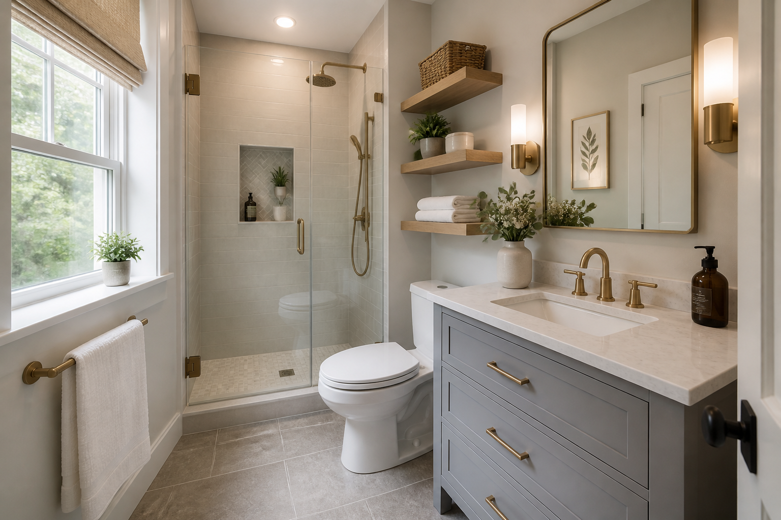 Stylish tiny bathroom with bright finishes